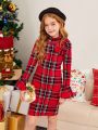 SHEIN Kids FANZEY Tween Girl 1pc Plaid Print Bow Front Flounce Sleeve Dress