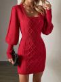 SHEIN Privé Solid Color Knitted Sweater Dress With Twist Pattern, Square Neckline And Lantern Sleeves