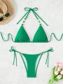 SHEIN Swim SXY Solid Color Mini Triangle Halter Neck Bikini Set