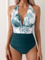 SHEIN Swim Vcay Tropical Print Ruched Halter One Piece Swimsuit