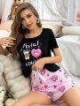 Women'S Cartoon Letter & Heart Print Pajama Set