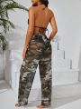 SHEIN Swim Y2GLAM Women'S Solid Color Bikini With Camouflage Print Cover Up Shirt And Pants Swimwear Set