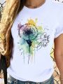 Plus Size Women'S Sunflower & Letter Print Round Neck T-Shirt