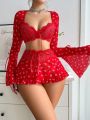 Ladies' Sexy Lingerie 3pcs/Set - Front-Buttoned Wide-Sleeved Top + T-Back Panties + Skirt (Valentine's Day Edition)