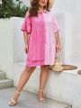 SHEIN CURVE+ Plus Size Color Block Bell Sleeve Shirt Dress
