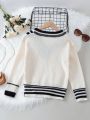 Tween Girl Striped Trim Drop Shoulder Cricket Sweater