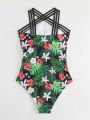 SHEIN Swim Vcay Tropical Print Mesh Splicing Vacation Style One-Piece Swimsuit