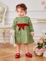 Baby Girls' Plush Geometric Printed Spliced Long Sleeve Dress, Suitable For Outdoor Vacation & Festival, Autumn & Winter