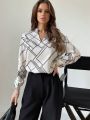 SHEIN Privé Notch Neckline Geometric Pattern Lantern Sleeve Blouse