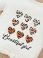 Cute And Comfy Baby Girls' Leopard Printed Heart Patterned Top And Ripped Shorts For Casual Wear