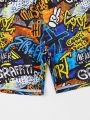 Teenage Boys' Beach Graffiti Style Letter Print Swim Shorts