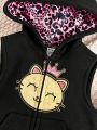 SHEIN 3pcs Baby Girls' Cute Cat Pattern Long Sleeve Hoodie, Vest Outerwear, Leopard Print Pants Set