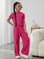 SHEIN Kids Cooltwn Tween Girl Solid Ribbed Knit Tee & Wide Leg Pants