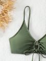 Solid Color Drawstring Detail Bikini Swimwear Set