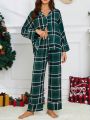 Plaid Print Drop Shoulder Blouse & Pants PJ Set