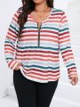 SHEIN LUNE Plus Striped Print Half Zip Tee