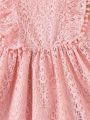 SHEIN Kids Nujoom Little Girl'S Pink Lace Sleeveless Waist Belted Dress For Summer