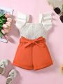 SHEIN Kids FANZEY Little Girls' Smocked Flutter Sleeve Top And Shorts 2pcs/Set