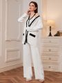 SHEIN Mulvari Contrast Trim Drop Shoulder Cardigan & Knit Top & Knit Pants