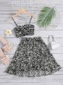 SHEIN Kids SUNSHNE Tween Girls' Romantic Floral Print Camisole Top And Asymmetrical Skirt Set