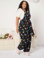 SHEIN CURVE+ Plus Size Dinosaur Print Suspender Pants With Slanted Pocket