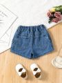 Girls' Mid Washed Blue Denim Shorts With Folded Hem