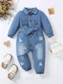 Baby Girls' Elegant Bubble-Sleeve Denim Jumpsuit With Button And Distressed Details For Fall