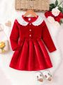 SHEIN Kids Nujoom Young Girl Contrast Collar Button Front Velvet Dress