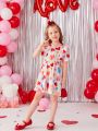 SHEIN Kids QTFun Little Girls' Heart Print Patchwork Ruffle Hem Short Sleeve Dress