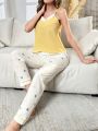 Heart Print Contrast Trim Cami Top & Pants PJ Set