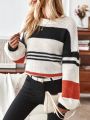 Striped Pattern Colorblock Drop Shoulder Sweater