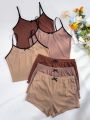 3pcs Contrast Binding Cami Top & 3pcs Bow Front Shorts Lounge Set