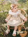 Baby Girl Spring And Summer Shirred Romantic Splicing Ruffle Collar Small Sleeves Long-Sleeved Spring Dress