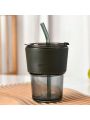 1pc Glass Coffee Cup, Home & Office Straw Cup, 400ml Large Capacity Couple Water Cup, Women's Gift Juice Cup With Straw And Insulated Pu Leather Sleeve