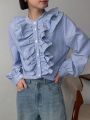 FRIFUL Ladies' Blue Striped Shirt With Floral Lace Collar Design