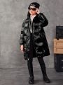 SHEIN Girls' Elegant Style Thickened Long Hooded Coat With Padding, Suitable For Winter Keeping Warm