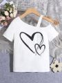 SHEIN Kids EVRYDAY Girls' Love Heart Print Asymmetric Neckline T-Shirt (For Tween Girls)