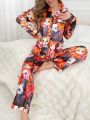 Colorful Cat Print Turn-Down Collar Imitation Silk Pajama Set