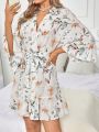 Women's Floral Printed Robe With Ruffles And Trims