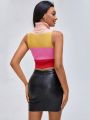 ISELACOS Color Block Scallop Trim Turtle Neck Crop Knit Top