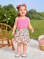 SHEIN Baby Girls' Casual Knitted Vest Top And Floral Print Lotus Leaf Hem Skirt Set