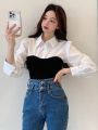 Dazy Star Women's Color Block Lapel Collar Long Sleeve Shirt
