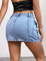 SHEIN ICON Mini Denim Skirt With Slanted Pockets