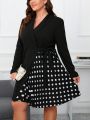 SHEIN Clasi Plus Size Polka Dot Print Splicing Wrap Tie Suit Jacket