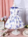 Infant Girls' Blue Floral Peter Pan Collar Cute Daily Casual Dress For Spring And Summer