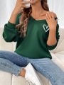 Women's Heart Print Green V-neck Sweatshirt