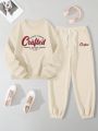 Women's 2pcs/set Letter Printed Long Sleeve Sweatshirt And Sweatpants