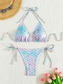 SHEIN Swim Vcay Mermaid Scale Triangle Cup Halter Neck Swimsuit Set