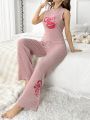 Women'S Lip & Letter Embroidered Ribbed Knit Homewear Set