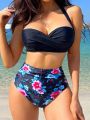 SHEIN Swim Vcay Floral Print Bikini Swimsuit Set With Pleated Detail